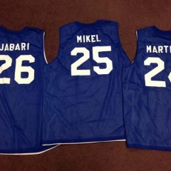 Three basketball jerseys with participant names and numbers.