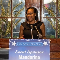 Sheila Green-Gholson, Deputy Director Region 4 of the NY State Office for People with Developmental Disabilities. ID: Sheila, an honoree at the event, speaks at a podium.