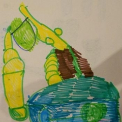 A drawing made for the art contest.  ID: A picture of a bulldozer in yellow, blue and green.