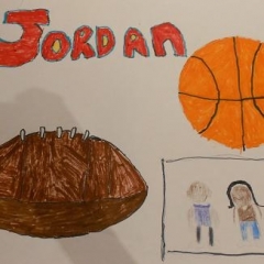 Sports inspired artwork.  ID: A picture of a basketball and a football with two kids in the corner.