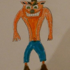 A drawing of a computer game character.  ID: The character wearing blue pants and an orange shirt.
