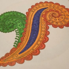 A drawing made for the art contest.  ID: An intricate paisley design colored in red, green and purple.