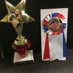 Some of the trophies won during the contest.  ID: A star shaped gold color trophie and a red, blue and white ribbon.