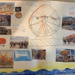This item won a prize for Best Group Project.  ID: A collage of Coney Island.  Various pictures and drawings of the location with the Wonder Wheel at the center.