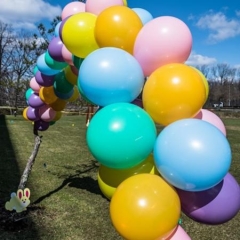 A large balloon arch.  ID:  Colorful balloons tied together.