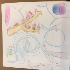 Drawing by a participant.  ID: Abstract art work in blues, yellows and pink.