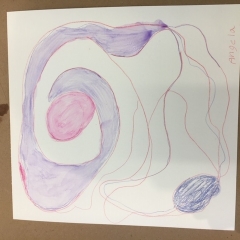 Drawing by a participant.  ID: Abstract art work in purple and pink.