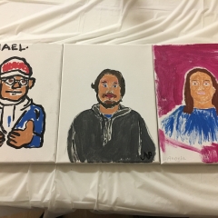 Three participant self portraits.  ID: Two are on a white background and one has a plum background.