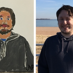 A side by side image of a participant (right) and his self portrait (left).  ID: The participant is wearing a grey sweatshirt in both images.