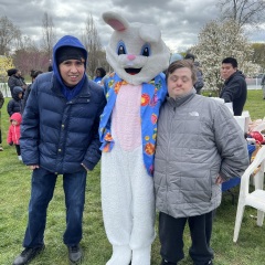 Participants hugging the bunny.