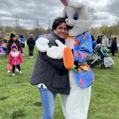 Participant hugging the bunny.