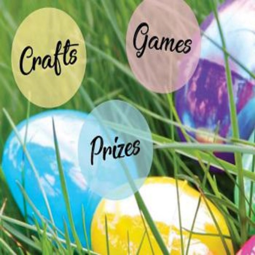 Photo reads "Crafts, Games, Prizes" Eggs are in the grass