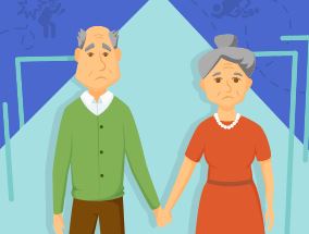 An elderly couple holding hands.