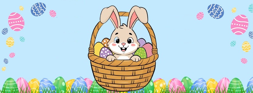 Bunny in a basket with eggs.